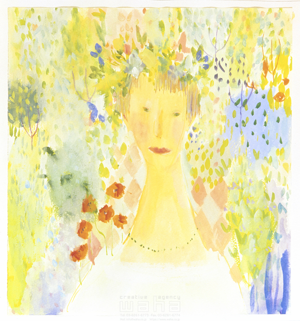 イラスト＆写真のストックフォトwaha（ワーハ）　水彩、人、女性、大人、おしゃれ、外国、花、植物、草木　すがわら けいこ　1-0548c