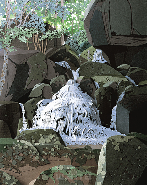 自然 風景 夏 森林 山間 川 流れる 水流 岩場 清涼感 静か 情緒 風情 日本 クラフト ペーパークラフト イラスト作品紹介 イラスト 写真のストックフォトwaha ワーハ カンプデータは無料