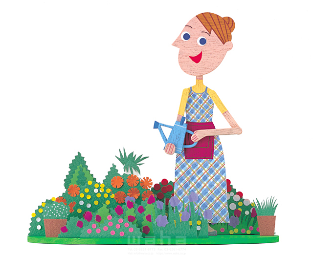 イラスト＆写真のストックフォトwaha（ワーハ）　人物、女性、ガーデンライフ、育てる、花、植物、植木鉢、花壇、水やり、じょうろ、エプロン　スタジオバウンド　10-0502c