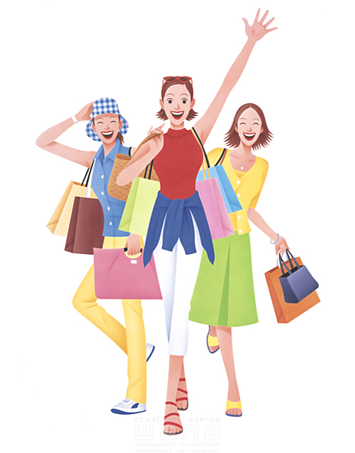 カネヒラヤスコ 人物 女性 ショッピング 集団 3人 友達 仲間 屋外 歩く 元気 笑顔 手を振る 賑やか セール イラスト作品紹介 イラスト 写真のストックフォトwaha ワーハ カンプデータは無料