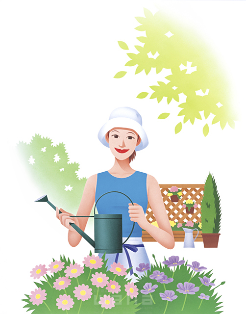 カネヒラヤスコ 人物 ガーデンライフ 女性 育てる 花 植物 花壇 帽子 水やり じょうろ イラスト作品紹介 イラスト 写真のストックフォトwaha ワーハ