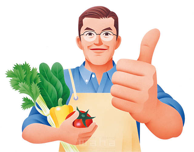 イラスト＆写真のストックフォトwaha（ワーハ）　線画、人、男性、大人、メガネ、エプロン、仕事、働く人、職業、八百屋、スーパーマーケット、店員、農家、収穫、野菜、トマト、パプリカ、手、グッド、いいね、元気、笑顔、コミュニケーション　カネヒラ・ヤスコ　10-1249b
