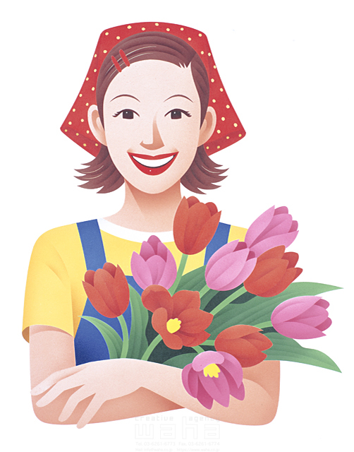 イラスト＆写真のストックフォトwaha（ワーハ）　カネヒラヤスコ、人物、女性、職業、働く、花屋、エプロン、バンダナ、育てる、植物、花、花束、チューリップ、抱える、笑顔、元気　カネヒラ・ヤスコ　10-1307b