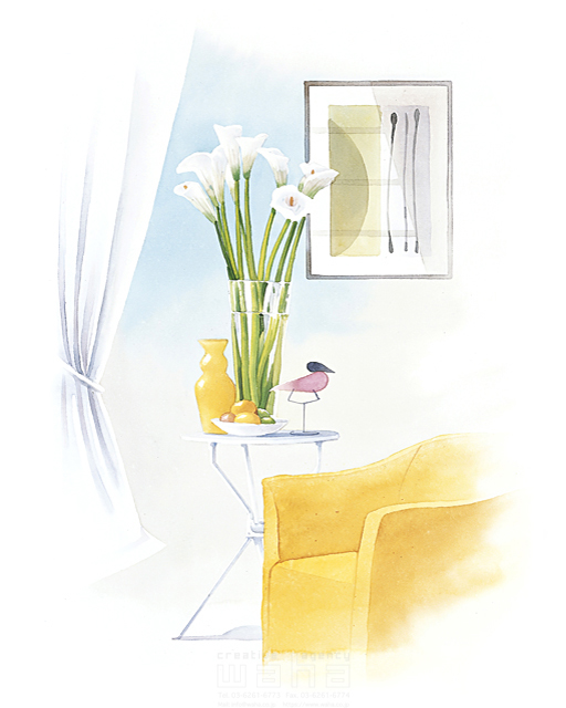 イラスト＆写真のストックフォトwaha（ワーハ）　花、インテリア、家具、植物、花瓶、フラワーアレンジメント、飾る、置物、額縁、カーテン、窓辺、日当たり、明るい、リビングライフ、室内、部屋、リビング、ソファー、椅子、水彩　タカヒロ　10-1312b
