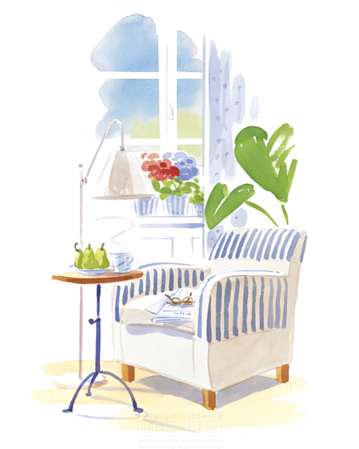 イラスト＆写真のストックフォトwaha（ワーハ）　花、インテリア、家具、飲み物、お茶、照明、観葉植物、窓辺、日当たり、明るい、リビングライフ、室内、部屋、リビング、ソファー、椅子、水彩　タカヒロ　10-1320b