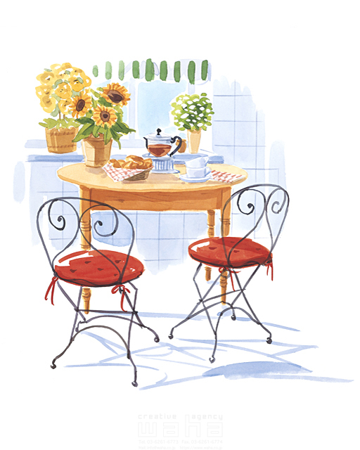 イラスト＆写真のストックフォトwaha（ワーハ）　花、インテリア、植木鉢、日当たり、明るい、リビングライフ、室内、部屋、リビング、ダイニング、食卓、テーブル、椅子、食事、朝食、モーニング、食べ物、パン、飲み物、お茶、食器、窓辺、家具、水彩　タカヒロ　10-1333b