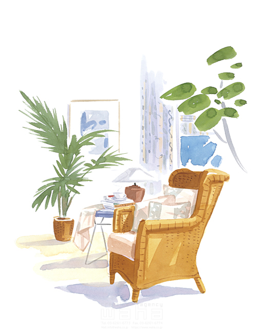 イラスト＆写真のストックフォトwaha（ワーハ）　花、インテリア、家具、照明、観葉植物、窓辺、日当たり、明るい、リビングライフ、室内、部屋、リビング、椅子、水彩　タカヒロ　10-1335b