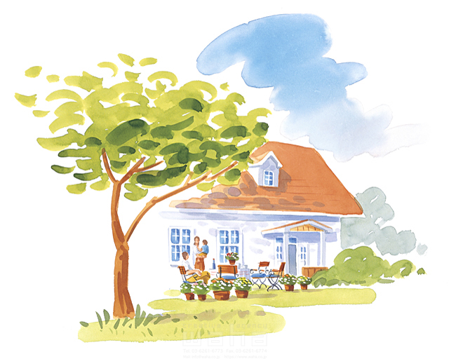 ガーデンライフ 開放感 芝生 樹木 日当たり 明るい 家 住宅 水彩 イラスト作品紹介 イラスト 写真のストックフォトwaha ワーハ カンプデータは無料