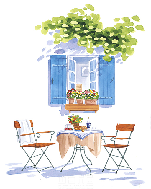 イラスト＆写真のストックフォトwaha（ワーハ）　ガーデンライフ、家具、テーブル、椅子、開放感、ティータイム、清涼感、日当たり、明るい、窓、家、マンション、住宅、水彩　タカヒロ　10-1342b