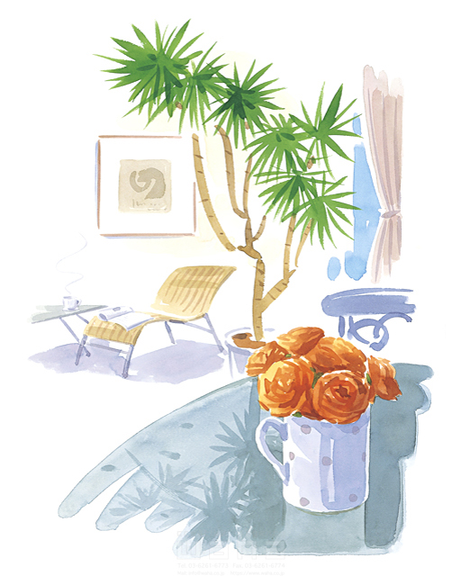 イラスト＆写真のストックフォトwaha（ワーハ）　花、インテリア、家具、テーブル、植物、花瓶、フラワーアレンジメント、飾る、観葉植物、日当たり、明るい、リビングライフ、室内、部屋、リビング、椅子、水彩　タカヒロ　10-1343b