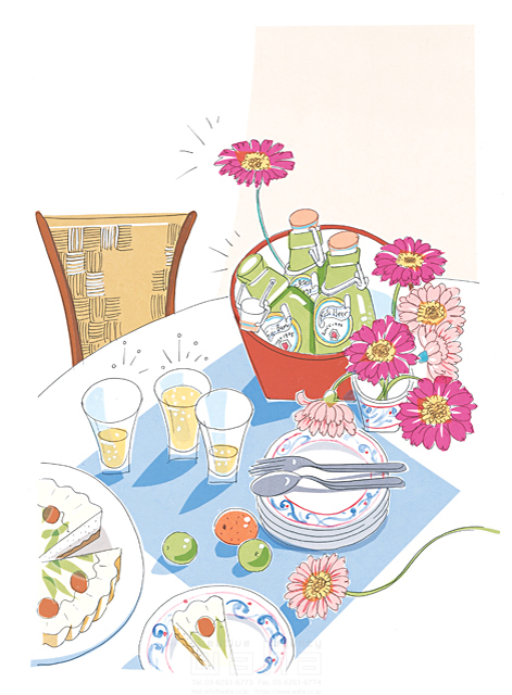イラスト＆写真のストックフォトwaha（ワーハ）　料理、食材、花瓶、フラワーアレンジメント、飾る、ダイニング、食卓、テーブル、椅子、食事、ティータイム、食べ物、おやつ、ケーキ、飲み物、グラス、食器、テーブル、ガーベラ、花、生活小物　峯岸 由江　10-1364b