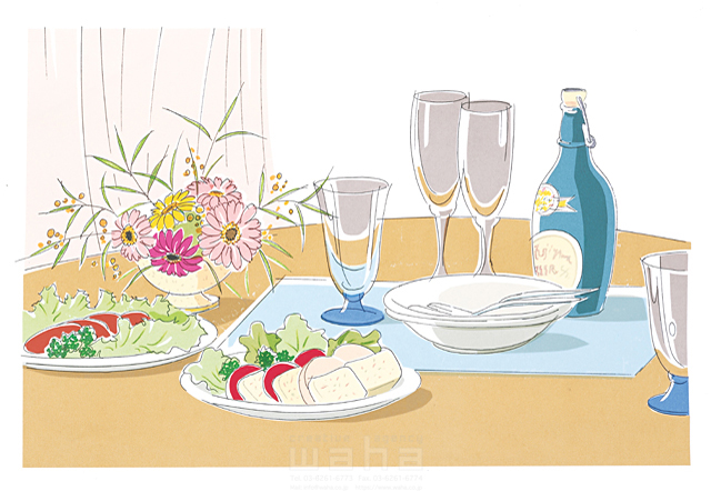 イラスト＆写真のストックフォトwaha（ワーハ）　花、インテリア、花瓶、フラワーアレンジメント、飾る、ダイニング、食卓、テーブル、食事、食べ物、料理、オードブル、飲み物、お酒、グラス、食器、テーブル、ガーベラ　峯岸 由江　10-1365b