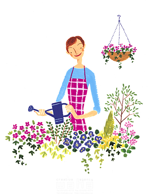 サトーノリコ 人物 趣味 ガーデンライフ 花 インテリア 女性 植物 育てる 花壇 水やり じょうろ エプロン 咲く 満開 イラスト作品紹介 イラスト 写真のストックフォトwaha ワーハ