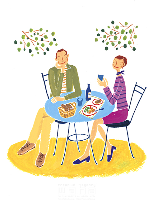 イラスト＆写真のストックフォトwaha（ワーハ）　サトーノリコ、人物、夫婦、2人、男性、女性、屋外、外食、ランチ、昼食、リラックス、休憩、ほのぼの、テーブル、椅子、座る、食事、飲む、飲み物、食べる、食べ物、料理　サトー・ノリコ　10-1475c