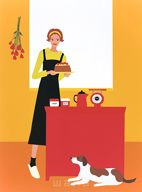 イラスト＆写真のストックフォトwaha（ワーハ）　人物、女性、料理、食材、花、インテリア、家事、エプロン、お菓子作り、食べ物、おやつ、ケーキ、調理器具、秤、ポット、ペット、犬、テーブル　海野 富子　10-1488c