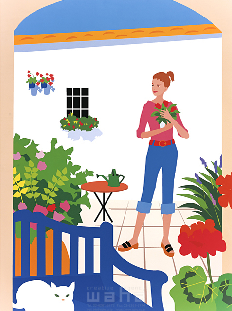 イラスト＆写真のストックフォトwaha（ワーハ）　人物、女性、ガーデンライフ、育てる、植物、植木、屋上、ベランダ、バルコニー、テラス、開放感、ベンチ、ペット、猫　海野 富子　10-1493c