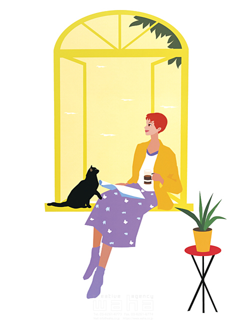イラスト＆写真のストックフォトwaha（ワーハ）　人物、女性、家、マンション、リラックス、休憩、座る、飲む、飲み物、お茶、本、読む、雑誌、窓辺、眺める、ペット、猫　海野 富子　10-1496c