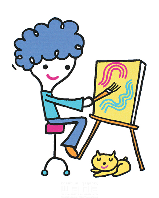 人物 女性 趣味 絵画 絵を描く イーゼル キャンバス 筆 アトリエ 椅子 座る ペット 猫 イラスト作品紹介 イラスト 写真のストックフォトwaha ワーハ カンプデータは無料