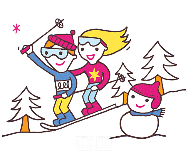 イラスト＆写真のストックフォトwaha（ワーハ）　人物、冬、スポーツ、夫婦、2人、男性、女性、屋外、開放感、リゾート、スキー、スキー場、滑る、元気、健康、帽子、サングラス、雪だるま　谷口 シロウ　10-1687b
