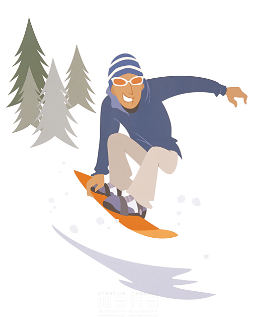 イラスト＆写真のストックフォトwaha（ワーハ）　男性、冬、スポーツ、屋外、開放感、リゾート、スノーボード、スキー場、滑る、元気、健康、帽子、サングラス、勢い、エネルギッシュ、ジャンプ、跳ぶ、はねる　両口 和史　10-1730b