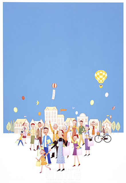 イラスト＆写真のストックフォトwaha（ワーハ）　集団、街、社会、ショッピング、複数、群衆、賑やか、ほのぼの、屋外、休日、散歩、ストリート、町並み、街並み、店、商店街、デパート、ショッピングセンター、建物、気球、風船、青空、メッセージボード、おしらせ　小林 イーボ　11-0473c