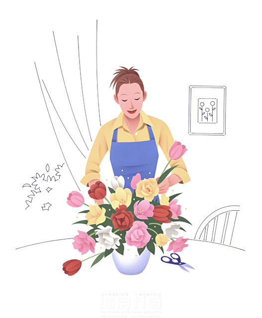 イラスト＆写真のストックフォトwaha（ワーハ）　カネヒラヤスコ、人物、リビング、趣味、花、インテリア、女性、テーブル、花瓶、フラワーアレンジメント、飾る、植物、エプロン、チューリップ、バラ　カネヒラ・ヤスコ　11-0529c