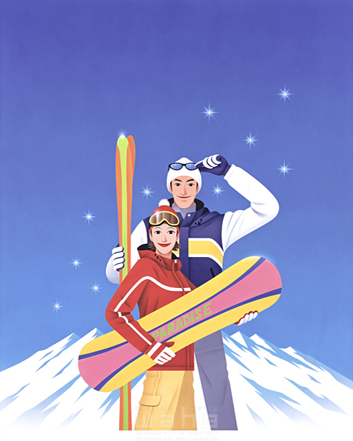 イラスト＆写真のストックフォトwaha（ワーハ）　カネヒラヤスコ、人物、スポーツ、冬、夫婦、2人、屋外、開放感、青空、快晴、リゾート、スノーボード、スキー、スキー場、滑る、元気、健康、帽子、サングラス　カネヒラ・ヤスコ　11-0620c