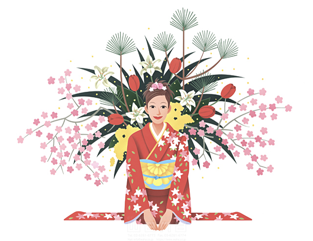 イラスト＆写真のストックフォトwaha（ワーハ）　カネヒラヤスコ、人物、女性、行事、正月飾り、松、梅の花、飾る、日本的、着物、振り袖、晴れやか、優雅、正座、挨拶、上品、礼儀正しい　カネヒラ・ヤスコ　11-0636c