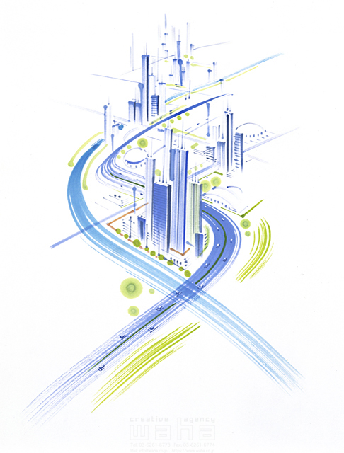 街 社会 ビル 未来 テクノロジー 風景 複数 集合 並ぶ 街並み 近未来的 近未来都市 ビル 都会的 建物 将来 新しい 成功 成長 開発 上昇 グローバル 国際的 創造 信頼 建設 流れる 広がる スピード感 勢い 道路 走る イラスト作品紹介