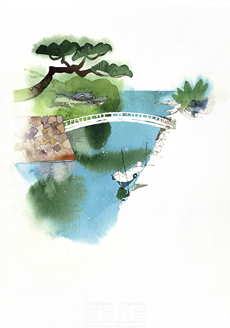 イラスト＆写真のストックフォトwaha（ワーハ）　自然、風景、開放感、樹木、松、橋、川、水面、透明感、舟、静か、情緒、風情、日本、水彩　金 斗鉉　11-0749c