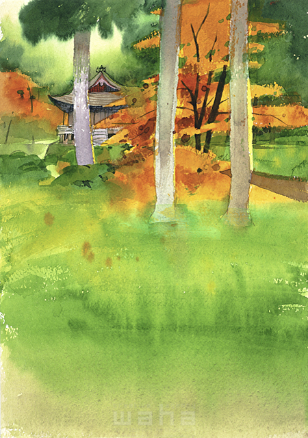 イラスト＆写真のストックフォトwaha（ワーハ）　自然、風景、秋、寺院、祠、山間、山林、樹木、紅葉、静か、情緒、風情、日本、水彩　金 斗鉉　11-0759c