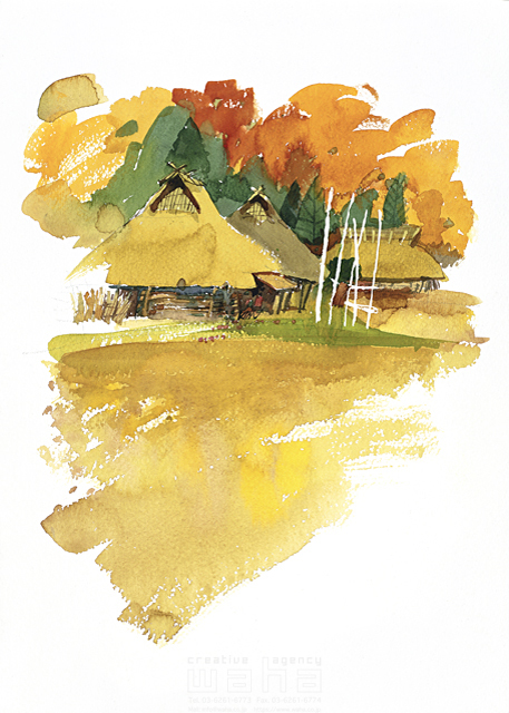 イラスト＆写真のストックフォトwaha（ワーハ）　自然、風景、秋、ほのぼの、農村、農家、古民家、茅葺き屋根、集落、田舎、庭先、家並み、紅葉、静か、情緒、風情、日本、水彩　金 斗鉉　11-0761c