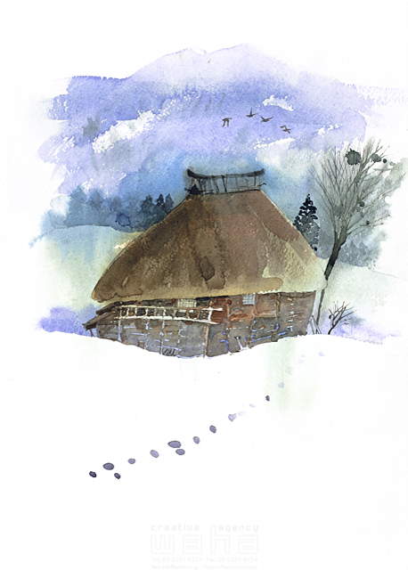 イラスト＆写真のストックフォトwaha（ワーハ）　自然、風景、冬、農村、農家、田舎、古民家、茅葺き屋根、雪景色、雪、寒い、山、情緒、風情、静か、日本、水彩　金 斗鉉　11-0763c