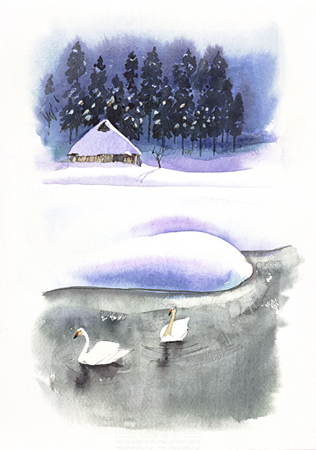 新作/公式 日本の田舎 雪景色 ドローイング 水彩画 - 美術品