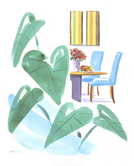 イラスト＆写真のストックフォトwaha（ワーハ）　リビング、花、インテリア、リラックス、休憩、家具、椅子、テーブル、花瓶、観葉植物、水彩　タカヒロ　11-0778b