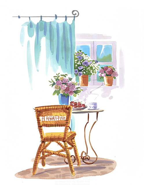 イラスト＆写真のストックフォトwaha（ワーハ）　リビング、花、インテリア、リラックス、休憩、家具、椅子、花瓶、フラワーアレンジメント、植木鉢、植物、飾る、飲み物、お茶、窓辺、カーテン、水彩　タカヒロ　11-0787b