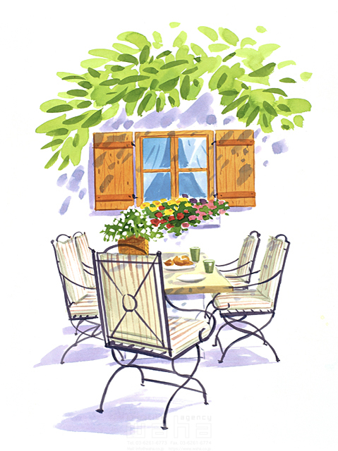 イラスト＆写真のストックフォトwaha（ワーハ）　花、インテリア、ガーデンライフ、リラックス、休憩、開放感、清涼感、家具、テーブル、椅子、飲み物、お茶、植物、葉、窓辺、テラス、水彩　タカヒロ　11-0790b