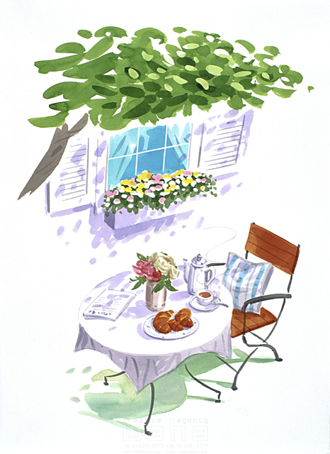 イラスト＆写真のストックフォトwaha（ワーハ）　ガーデンライフ、花、インテリア、リラックス、休憩、開放感、清涼感、家具、テーブル、椅子、飲み物、お茶、植物、葉、窓辺、テラス、花瓶、水彩　タカヒロ　11-0793b