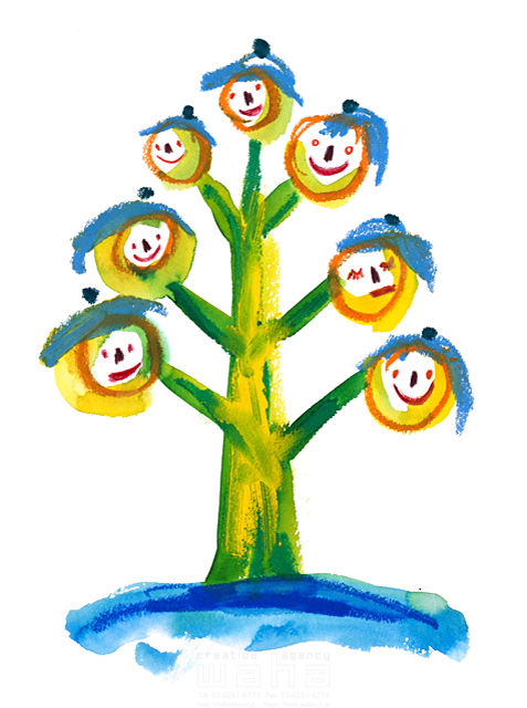 イラスト＆写真のストックフォトwaha（ワーハ）　樹木、葉、花、果実、エコロジー、ナチュラル、ほのぼの、信頼、スキンシップ、コミュニケーション、自然、樹木、実る、環境保護、育む、守る、成長、生命、誕生、元気、チームワーク、協力、笑顔　矢田 勝美　11-0845b