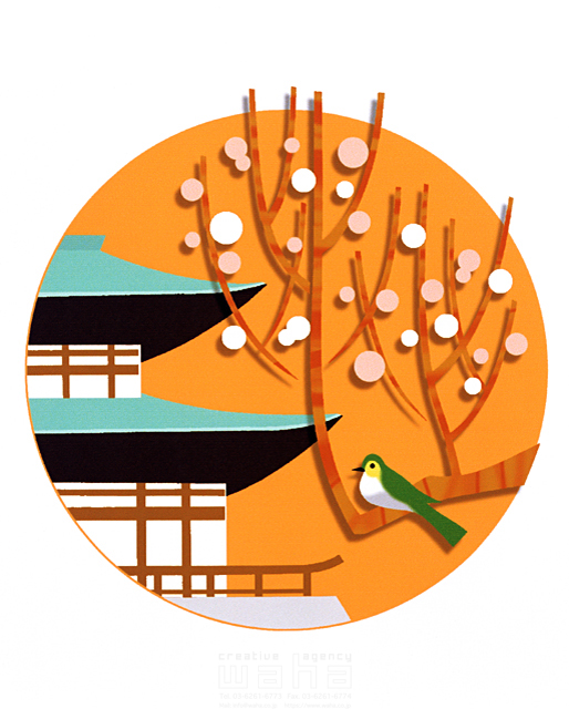 イラスト＆写真のストックフォトwaha（ワーハ）　自然、風景、春、寺院、神社、建物、植物、樹木、庭木、花、梅、鳥、うぐいす、静か、情緒、風情、日本　eka　11-0871b