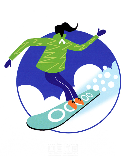 イラスト＆写真のストックフォトwaha（ワーハ）　人物、冬、スポーツ、女性、シルエット、影、輪郭、屋外、開放感、青空、リゾート、スノーボード、スキー場、滑る、元気、健康、エネルギッシュ、勢い　eka　11-0876b