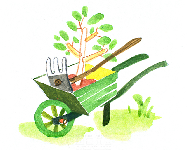 イラスト＆写真のストックフォトwaha（ワーハ）　ガーデンライフ、花、インテリア、育てる、園芸道具、くわ、植物、樹木、植木、運ぶ、一輪車、植え替え、お世話、芝生　広瀬 明人　11-0907b