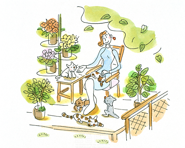 人物 ペット ガーデンライフ 女性 リラックス 休憩 ほのぼの 開放感 椅子 座る 足を組む 植物 葉 植木鉢 テラス ウッドデッキ 猫 遊ぶ スキンシップ イラスト作品紹介 イラスト 写真のストックフォトwaha ワーハ カンプデータは無料