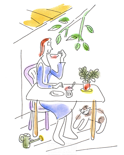 人物 ペット ガーデンライフ 女性 リラックス 休憩 ほのぼの 開放感 テーブル 椅子 座る 飲む 飲み物 お茶 テラス ウッドデッキ 猫 イラスト作品紹介 イラスト 写真のストックフォトwaha ワーハ カンプデータは無料
