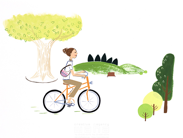 人物 女性 屋外 乗り物 サイクリング ほのぼの 開放感 広場 樹木 イラスト作品紹介 イラスト 写真のストックフォトwaha ワーハ カンプデータは無料