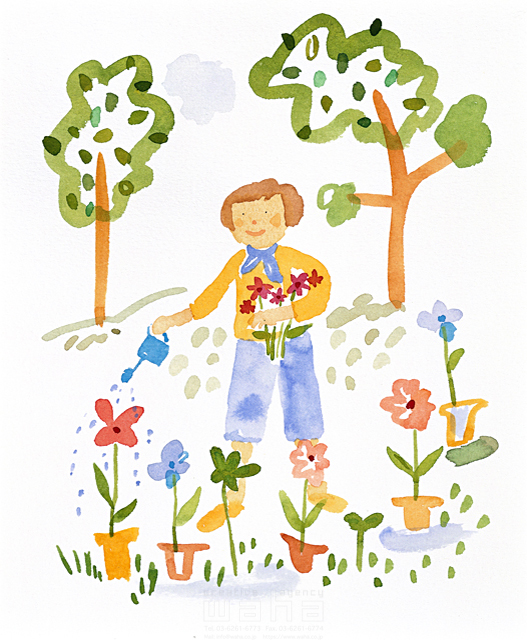イラスト＆写真のストックフォトwaha（ワーハ）　そねけーこ、人物、ガーデンライフ、女性、ほのぼの、愛情、育てる、水やり、じょうろ、植物、花、咲く、植木鉢、成長、樹木　そね け～こ　11-1078b