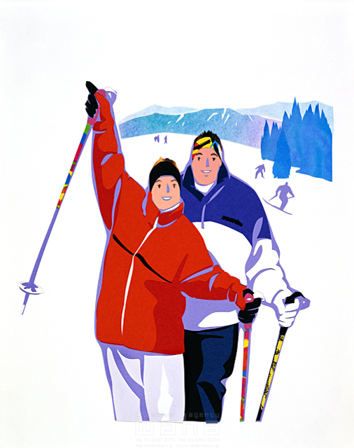 イラスト＆写真のストックフォトwaha（ワーハ）　人物、スポーツ、冬、夫婦、2人、屋外、開放感、リゾート、スキー、スキー場、滑る、元気、健康　都筑 みなみ　11-1140c