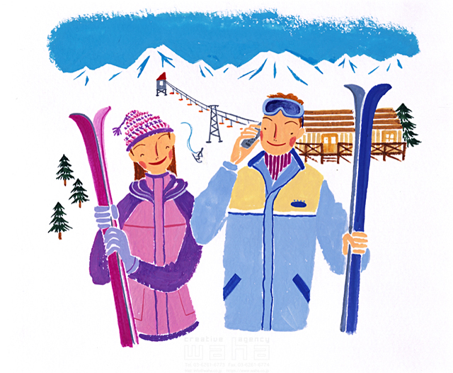 イラスト＆写真のストックフォトwaha（ワーハ）　サトーノリコ、人物、冬、夫婦、スポーツ、2人、屋外、開放感、リゾート、スキー、スキー場、滑る、元気、健康、帽子、携帯電話、通信、通話、話す、コミュニケーション　サトー・ノリコ　11-1219c