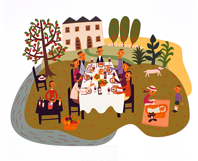 イラスト＆写真のストックフォトwaha（ワーハ）　人物、ガーデンライフ、家族、親子、集団、集合、複数、リラックス、賑やか、パーティー、食卓、食事、ランチ、昼食、テーブル、椅子、コミュニケーション、家、マンション、住宅　中村 ひでのり　11-1268c