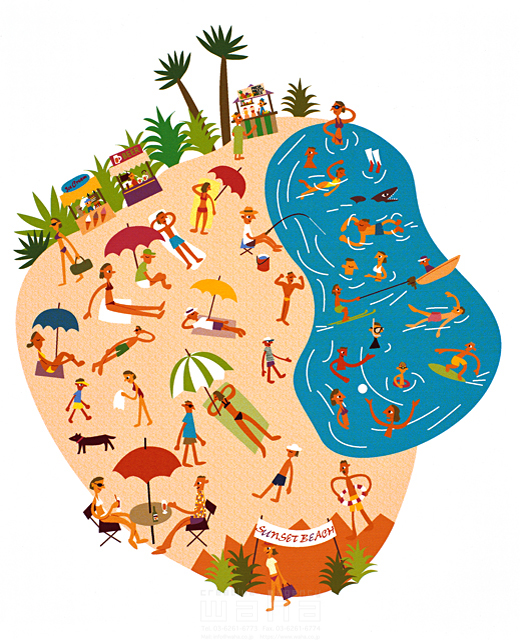 イラスト＆写真のストックフォトwaha（ワーハ）　夏、集団、複数、群衆、賑やか、屋外、南の島、リゾート、海水浴場、砂浜、パラソル、アウトドア、水泳、泳ぐ、水着、開放感　中村 ひでのり　11-1275c
